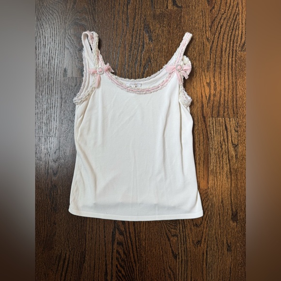 Escada Tops - Escada Womens Tank Top Size Small Knit Ribbon Bow Pink Rhinestone White Cream